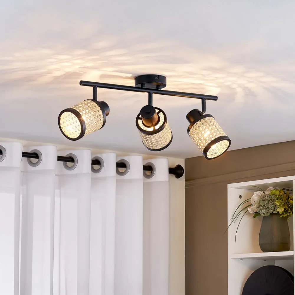 Lindby Spotlights > Spot Yaelle, 52 cm, 3-lys, rattan, sort, E27