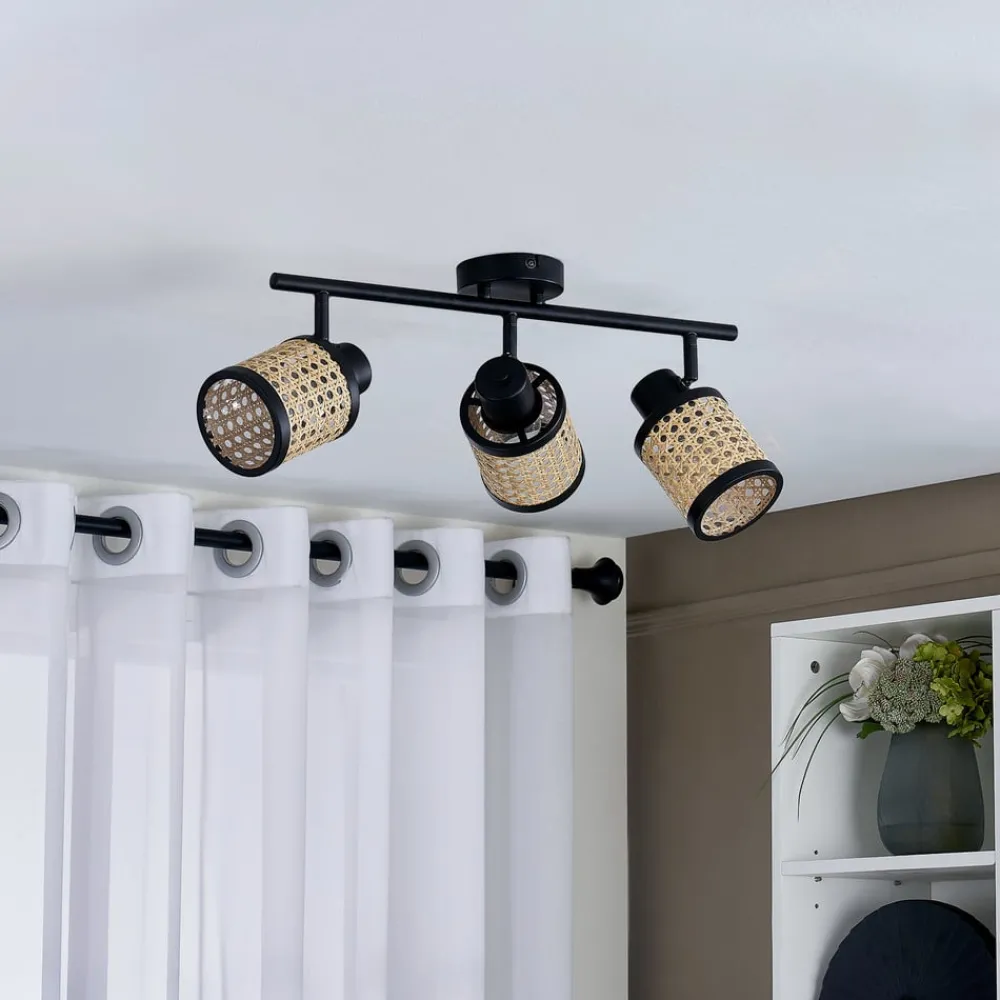 Lindby Spotlights > Spot Yaelle, 52 cm, 3-lys, rattan, sort, E27