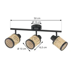 Lindby Spotlights > Spot Yaelle, 52 cm, 3-lys, rattan, sort, E27