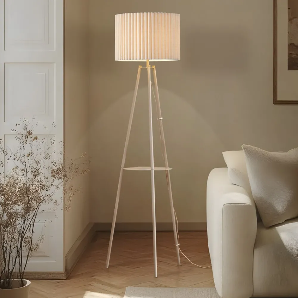 Gang|Pendellamper ^ Lindby trebenetstående gulvlampe Libbie, 155 cm, hør, cremefarvet