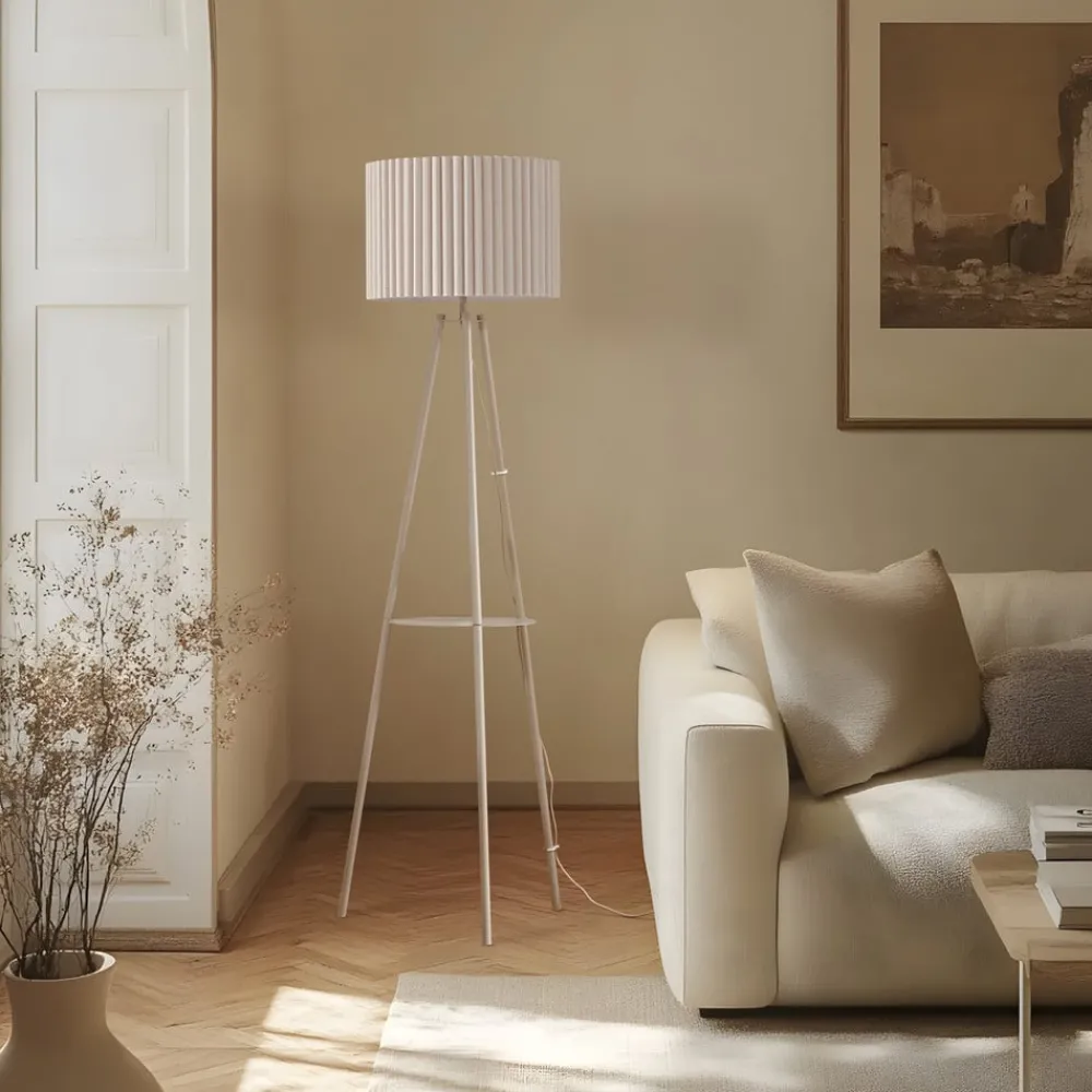 Gang|Pendellamper ^ Lindby trebenetstående gulvlampe Libbie, 155 cm, hør, cremefarvet