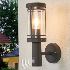 Væglampe Med Sensor|Terrassebelysning ^ Lindby Udendørs væglampe Djori, Sensor, antracit, stål
