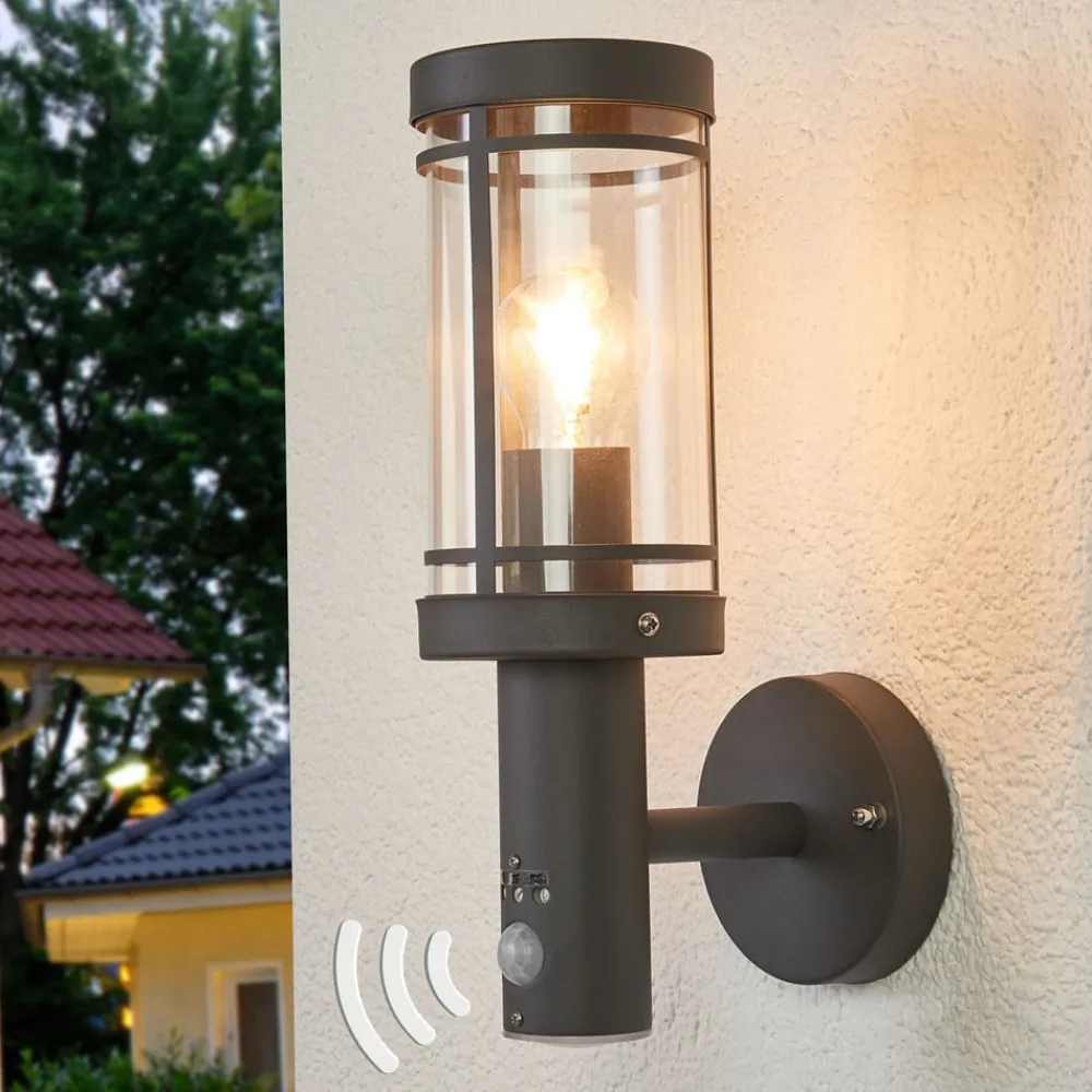 Væglampe Med Sensor|Terrassebelysning ^ Lindby Udendørs væglampe Djori, Sensor, antracit, stål