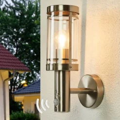 Væglampe Med Sensor|Terrassebelysning ^ Lindby udendørs væglampe Djori, sensor, aluminiumsfarvet, E27