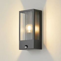 Væglampe Med Sensor|Terrassebelysning ^ Lindby udendørs væglampe Ilana, sort, sensor, IP44, E27