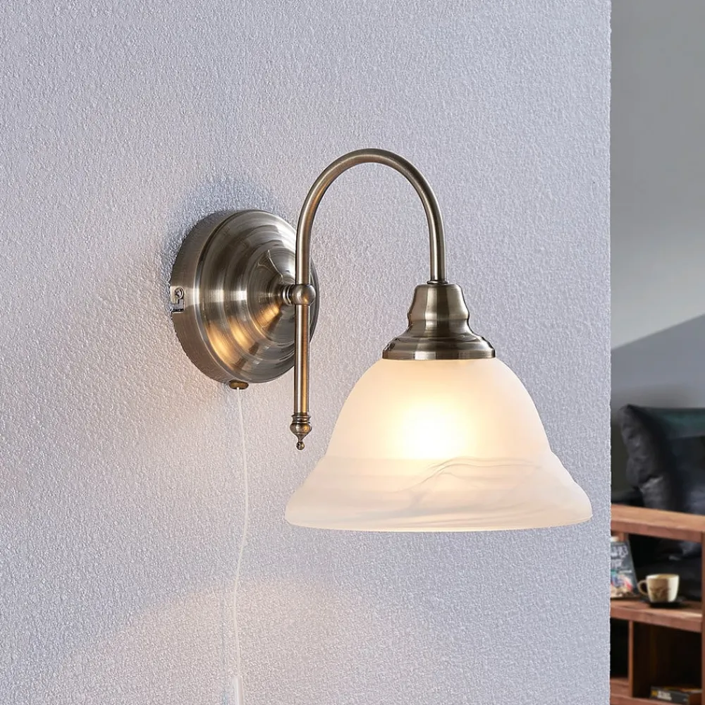 Væglamper|Væglamper ^ Lindby væglampe Hanna, 18 m, antik messing, metal, glas