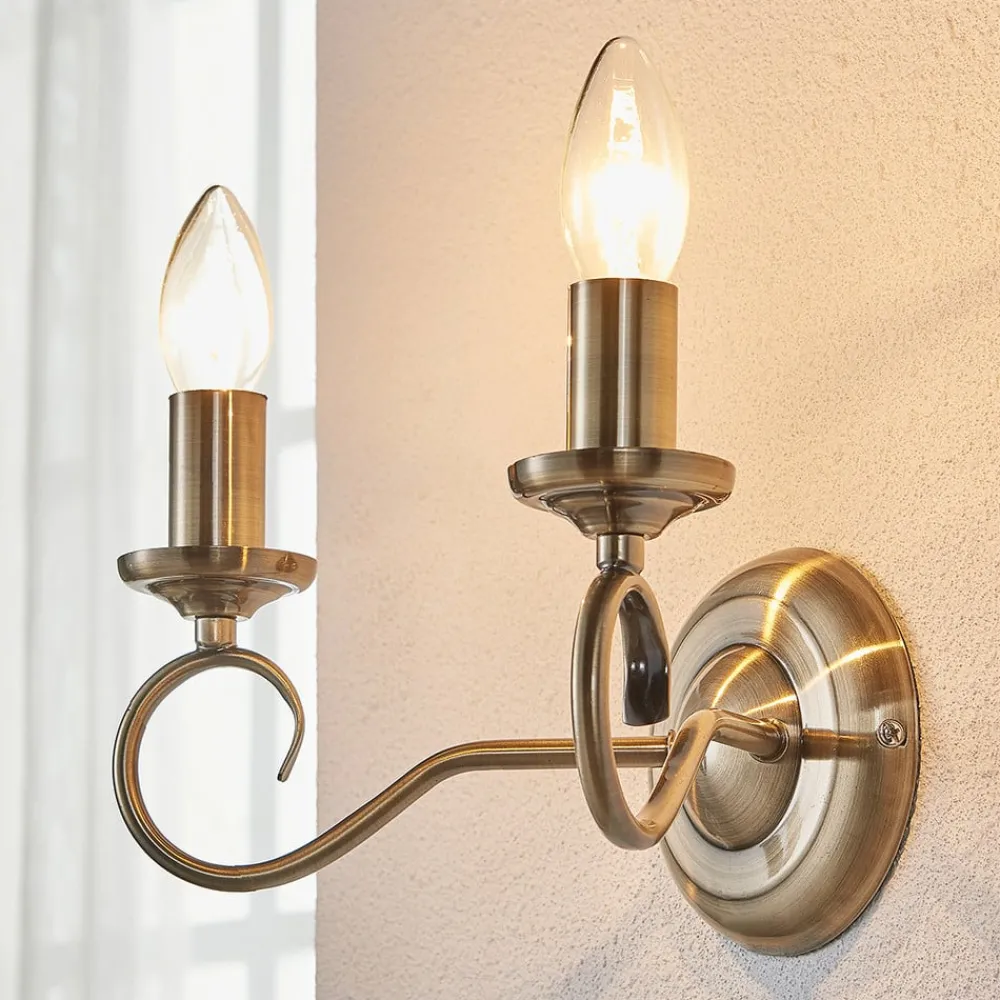 Lindby Væglamper|Væglamper > væglampe Marnia, antik messing, 2 lyskilder, 27 cm, E14