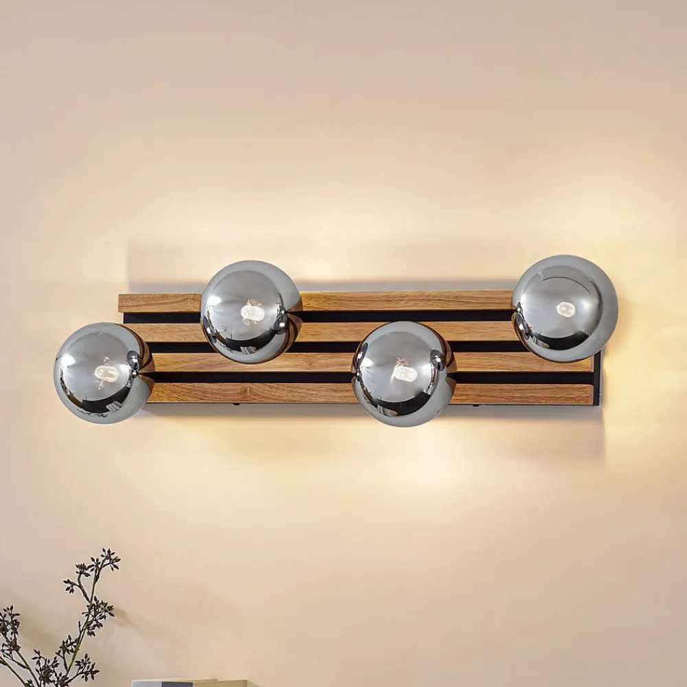 Lindby Væglamper > væglampe Woodora, træ, glas, røggrå, 4 lyskilder