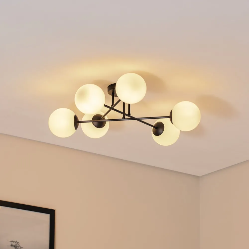 Loftlamper|Loftlamper ^ Euluna Loftlampe Glassy, 6 lyskilder, sort/opal