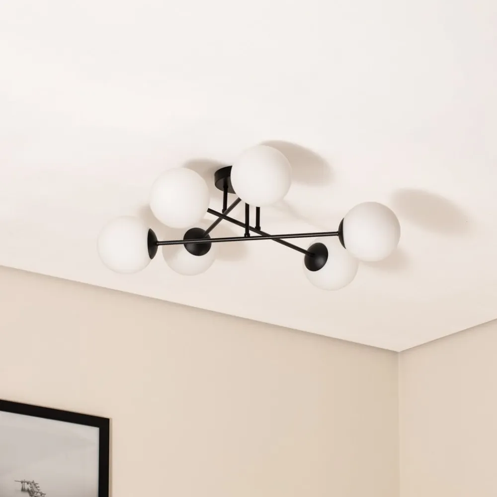 Loftlamper|Loftlamper ^ Euluna Loftlampe Glassy, 6 lyskilder, sort/opal