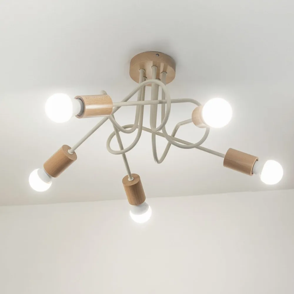 HELAM Loftlamper|Loftlamper > Loftlampe Oxford, sandbeige, træ, metal, 5 lyskilder, Ø 47 cm