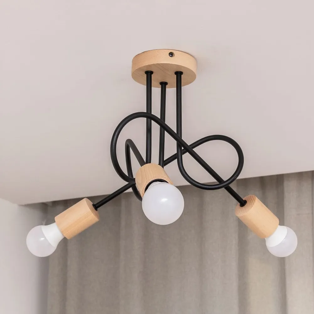 Loftlamper|Loftlamper ^ HELAM Loftlampe Oxford, sort, træ, metal, 3 lyskilder, Ø 44 cm
