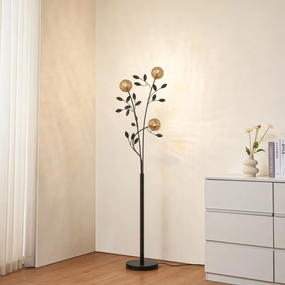Lucande Gulvlamper|Gulvlamper > Evory gulvlampe, 160 cm, 3 lyskilder, sort/guld, G9