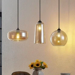 Lucande Pendellamper|Pendellamper > hængelampe Wilja, rav, glas, 111 cm, 3 lyskilder, E27