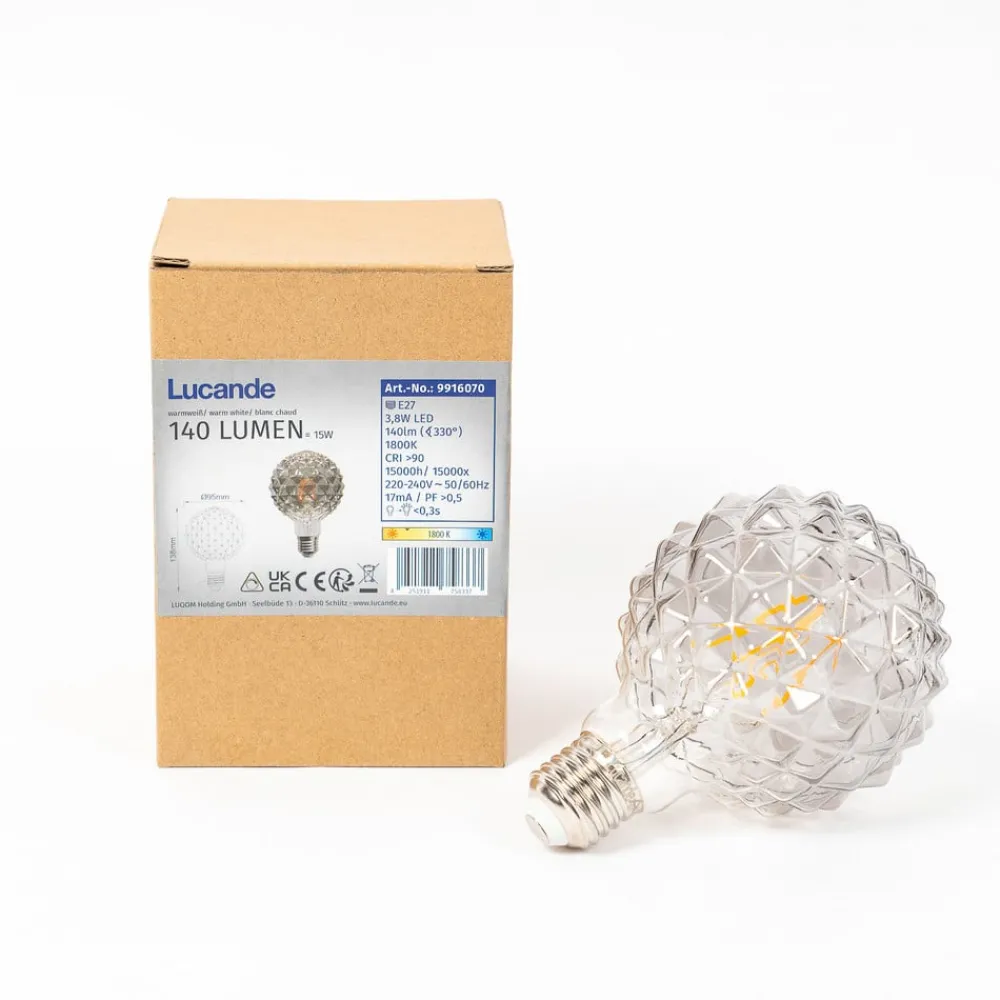 Lucande Dæmpbar Led-Pære|Filament Pære > LED-globepære G95, E27 3,8W, 1800K, struktur, røgfarvet