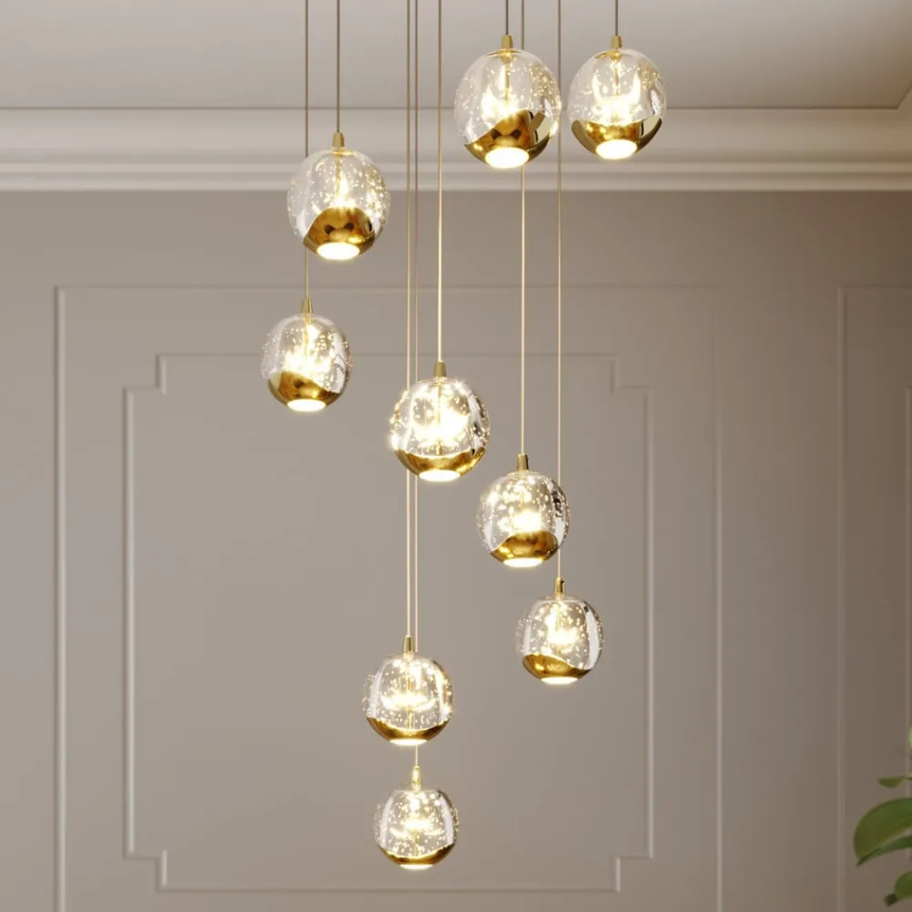 Lucande Pendellamper|Pendellamper > LED-hængelampe Hayley, Ø 40 cm, 9 lyskilder, guld, glas