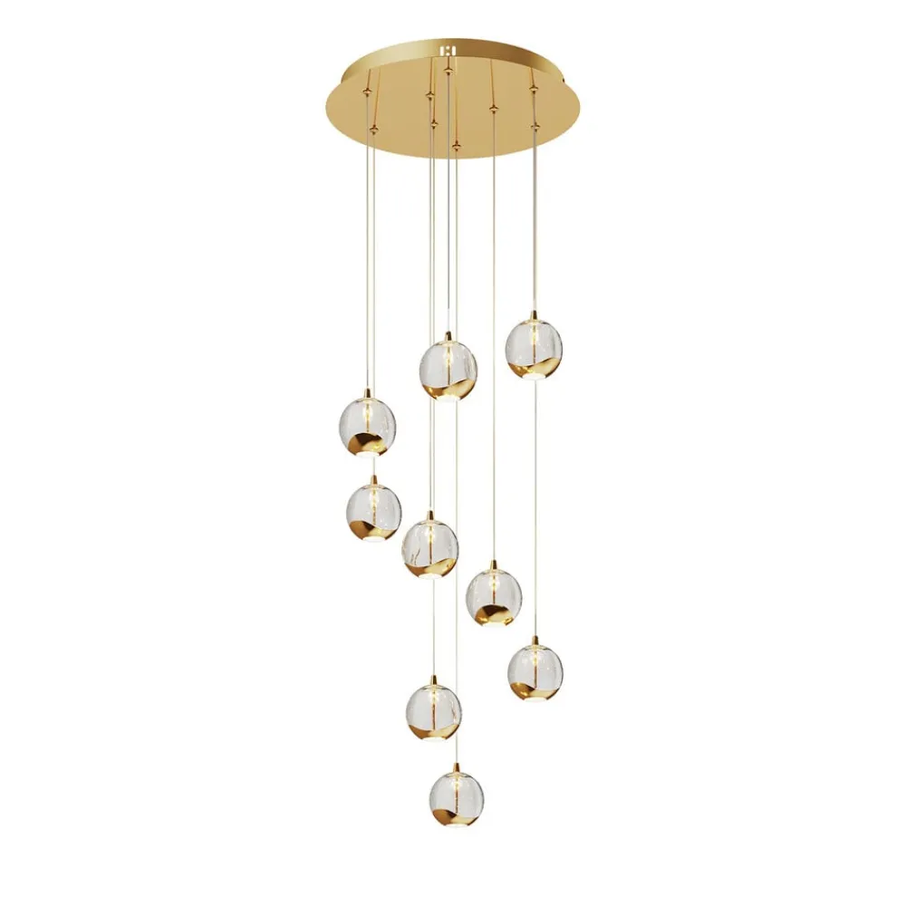 Lucande Pendellamper|Pendellamper > LED-hængelampe Hayley, Ø 40 cm, 9 lyskilder, guld, glas