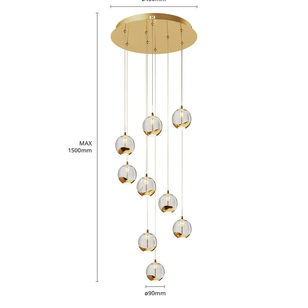 Lucande Pendellamper|Pendellamper > LED-hængelampe Hayley, Ø 40 cm, 9 lyskilder, guld, glas