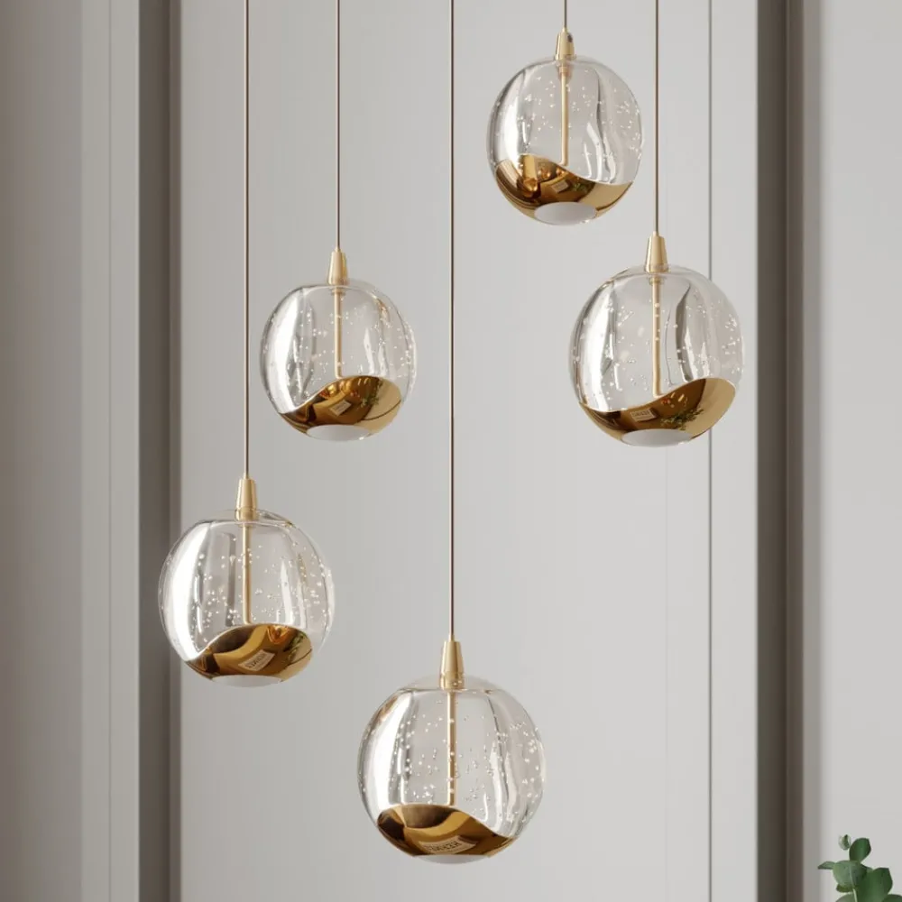 Lucande Pendellamper|Pendellamper > LED-pendellampe Hayley, Ø 30 cm, 5 lyskilder, guld, glas