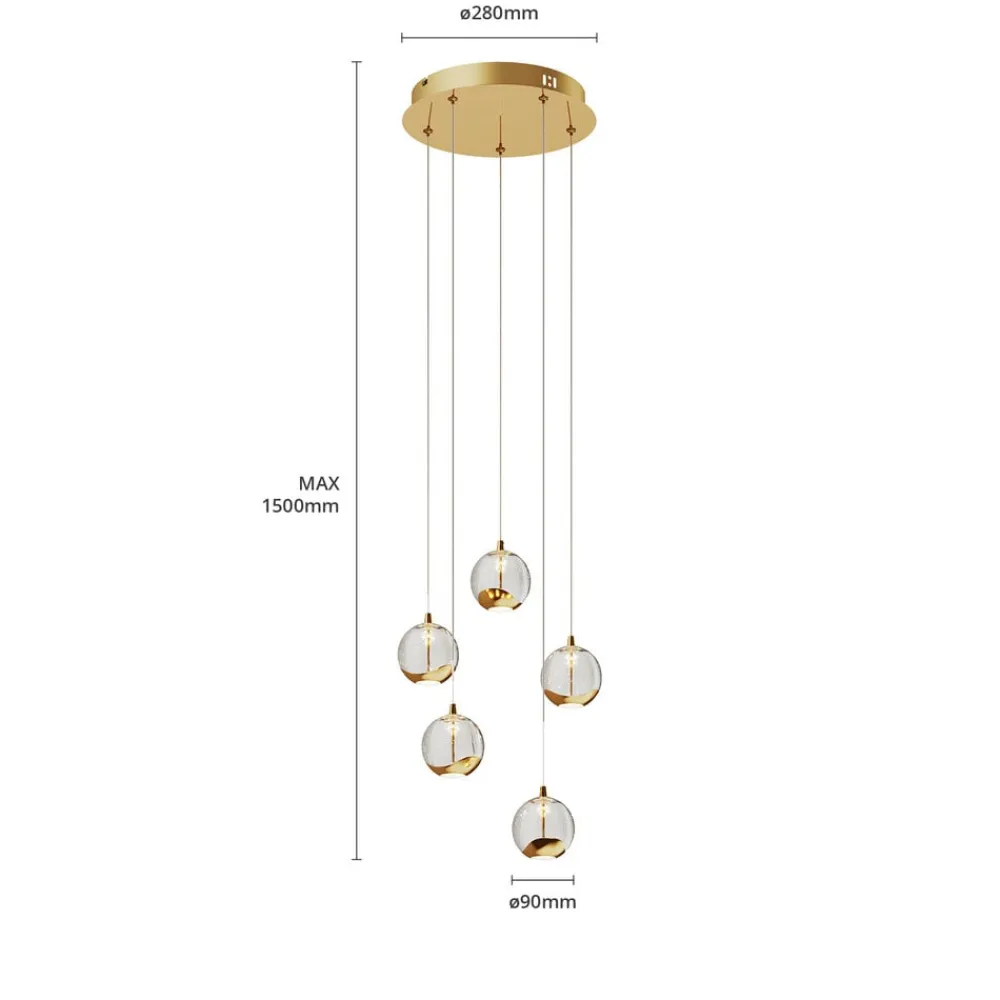 Lucande Pendellamper|Pendellamper > LED-pendellampe Hayley, Ø 30 cm, 5 lyskilder, guld, glas