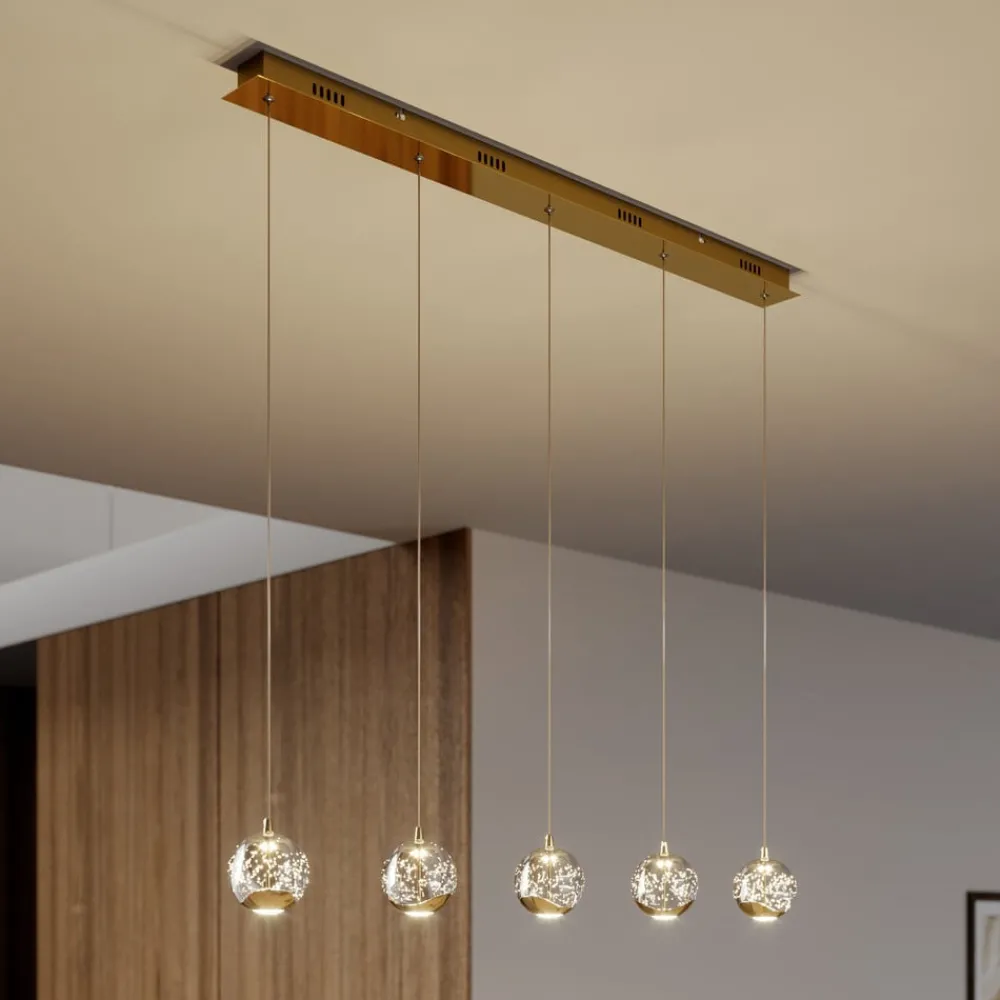 Lucande Pendellamper|Pendellamper > LED-pendellampe Hayley, 96 cm, 5 lyskilder, guld, glas