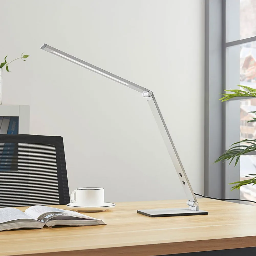 Arbejdsrum/Kontor|Bordlamper ^ Lucande LED-skrivebordslampe Nicano, grå, metal, dæmpbar.