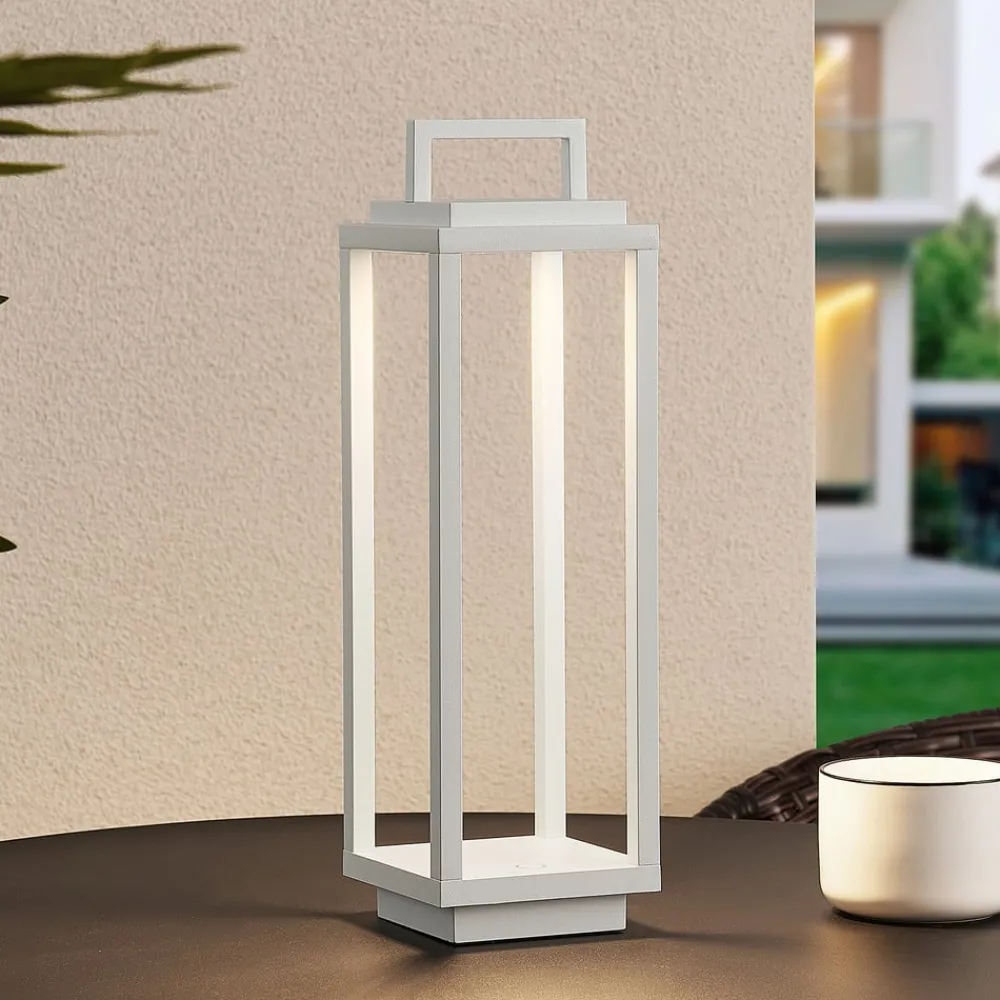 Dekorationsbelysning|Bordlamper ^ Lucande LED-udendørslampe Mirina, hvid, genopladeligt batteri, touch-dæmper