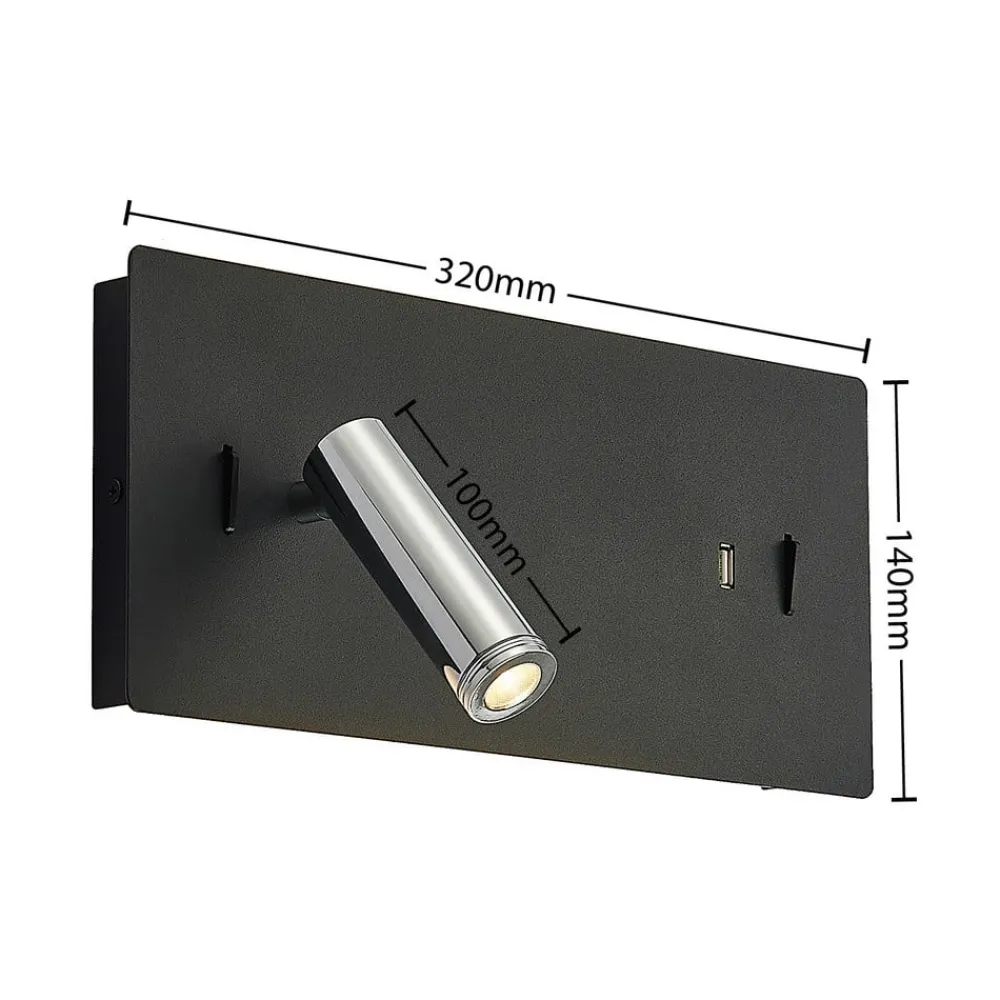 Lucande Væglamper > LED-væglampe Kimo, 32 cm, sort, aluminium, USB