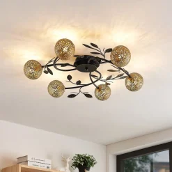 Loftlamper|Loftlamper ^ Lucande loftlampe Evory, Ø 69 cm, 6 lyskilder, sort/guld, G9