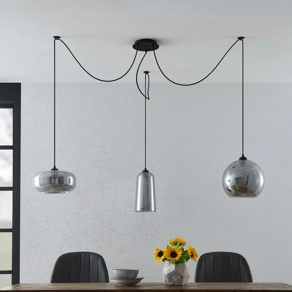 Pendellamper ^ Lucande pendellampe Zyli, 3 lyskilder, røggrå, glas