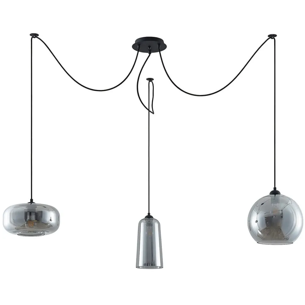 Pendellamper ^ Lucande pendellampe Zyli, 3 lyskilder, røggrå, glas
