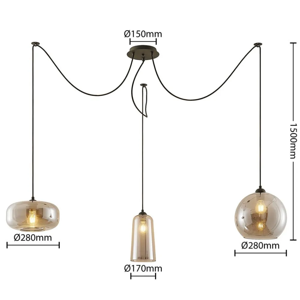 Pendellamper ^ Lucande pendellampe Zyli, 3 lyskilder, røggrå, glas