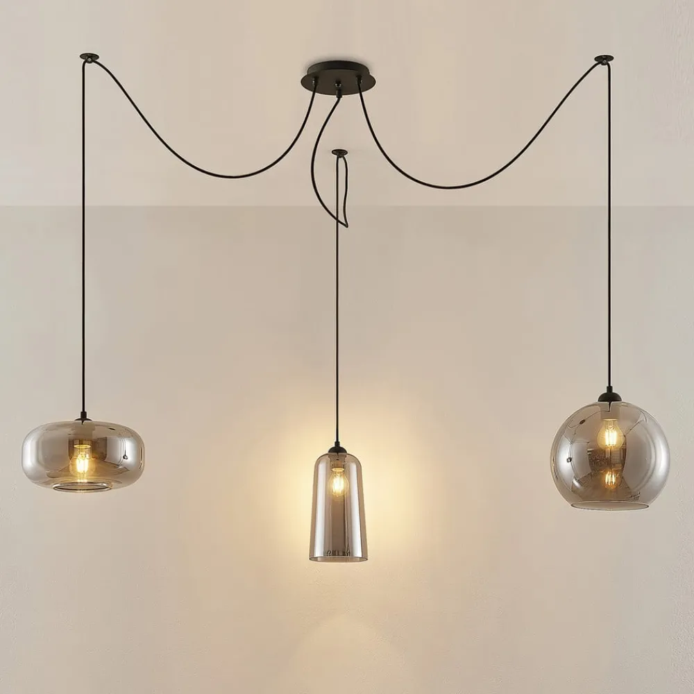 Pendellamper ^ Lucande pendellampe Zyli, 3 lyskilder, røggrå, glas
