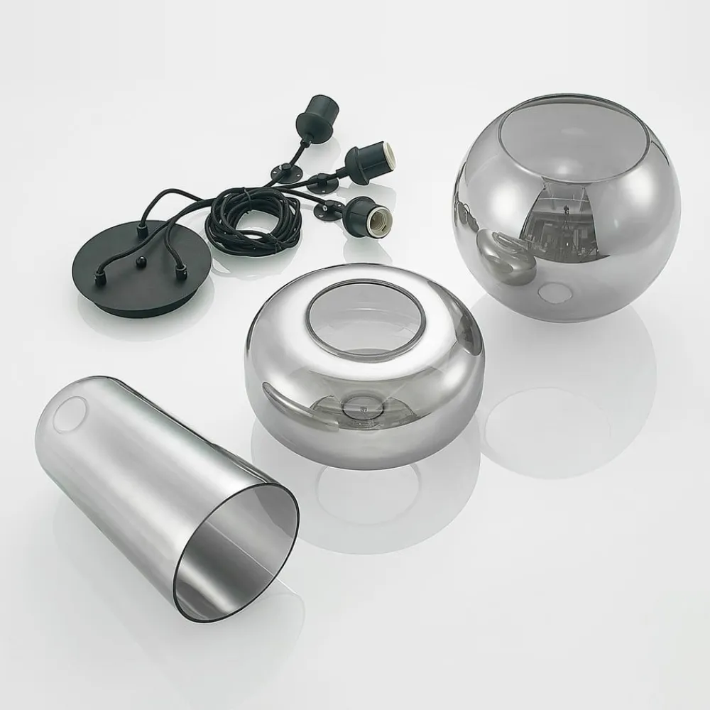Pendellamper ^ Lucande pendellampe Zyli, 3 lyskilder, røggrå, glas