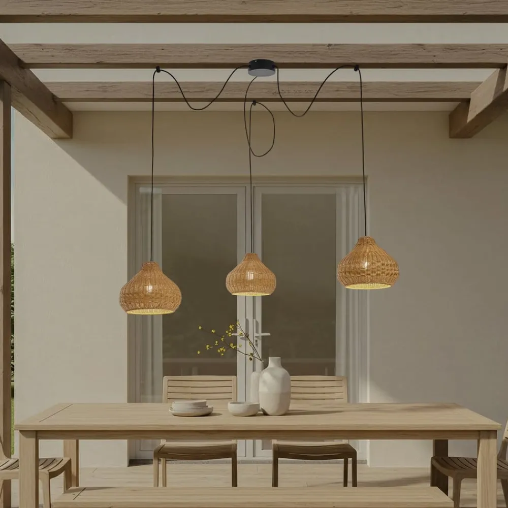 Udendørs Pendellamper|Terrassebelysning ^ Lucande udendørs hængelampe Taniola, 3 lyskilder, beige, rattan, IP44