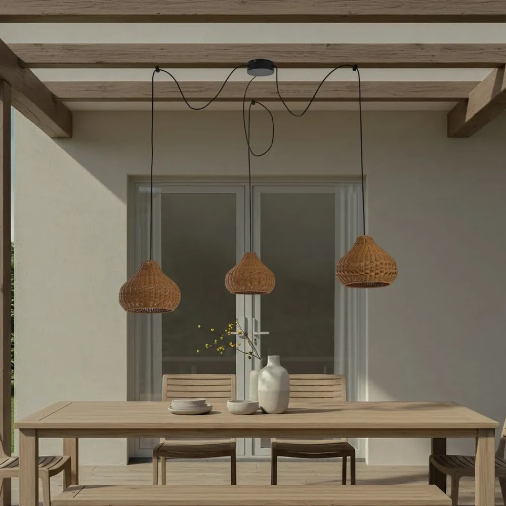 Udendørs Pendellamper|Terrassebelysning ^ Lucande udendørs hængelampe Taniola, 3 lyskilder, beige, rattan, IP44