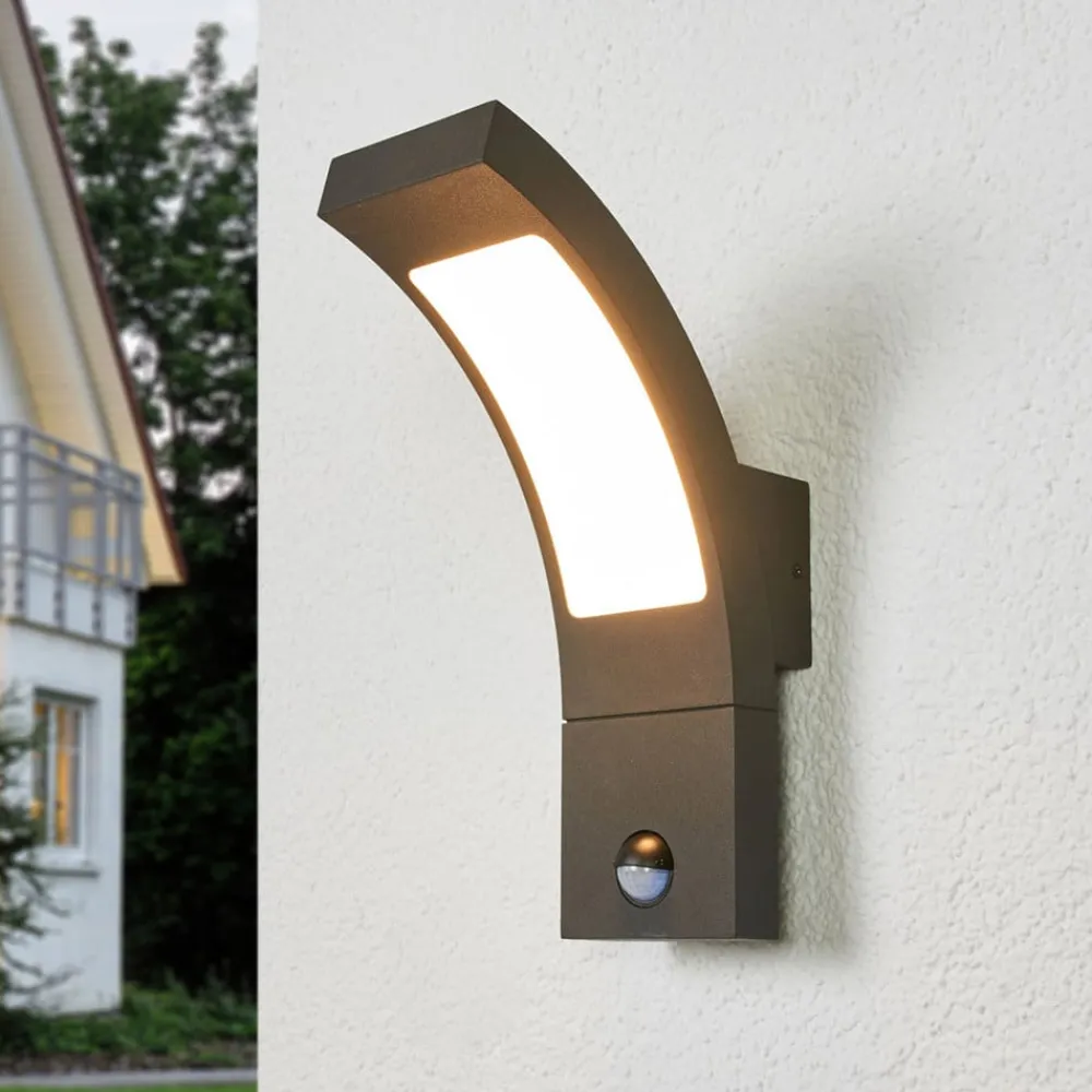 Væglampe Med Sensor|Væglamper ^ Lucande udendørs LED-væglampe Juvia, sensor, 27 cm, grå, IP54