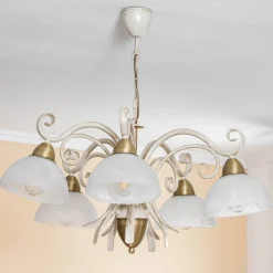 Luminex Lysekroner > Lysekrone Flora, fem glasskærme, hvid/messing