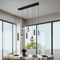 Pendellamper ^ Trio Lighting Mataro hængelampe, krom/sort, 118 cm, 8 lyskilder glas/metal
