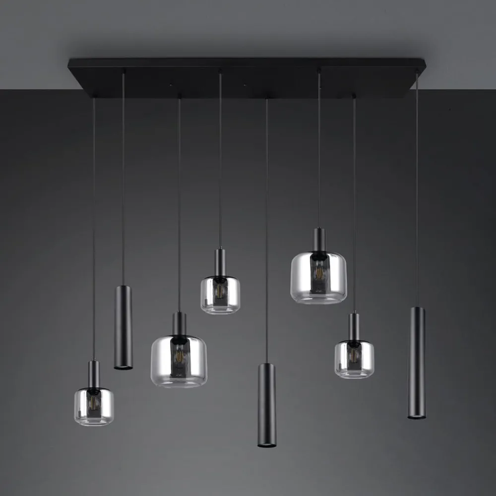 Pendellamper ^ Trio Lighting Mataro hængelampe, krom/sort, 118 cm, 8 lyskilder glas/metal