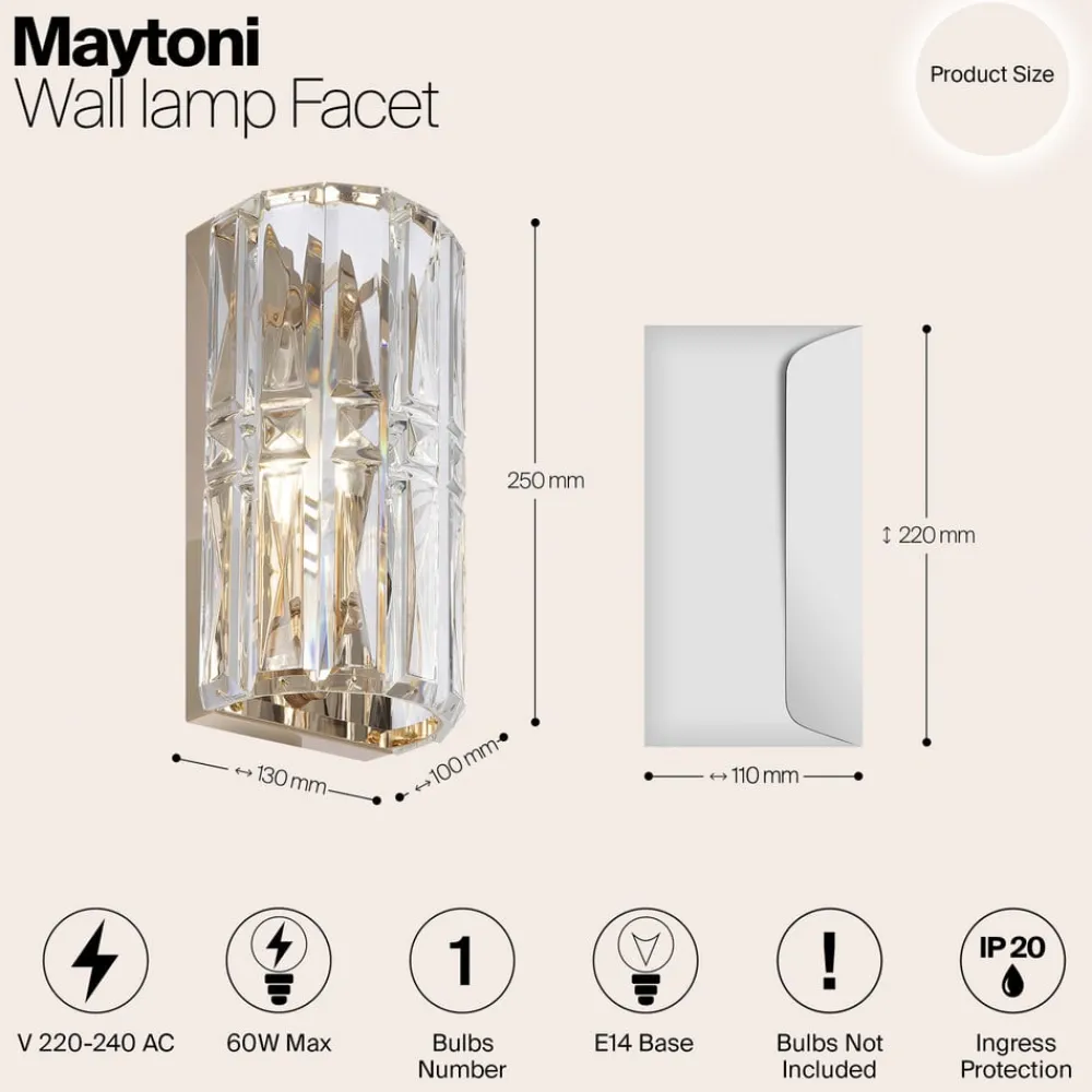 Væglamper ^ Maytoni Facet væglampe, højde 25 cm, guldfarvet, glas, E14