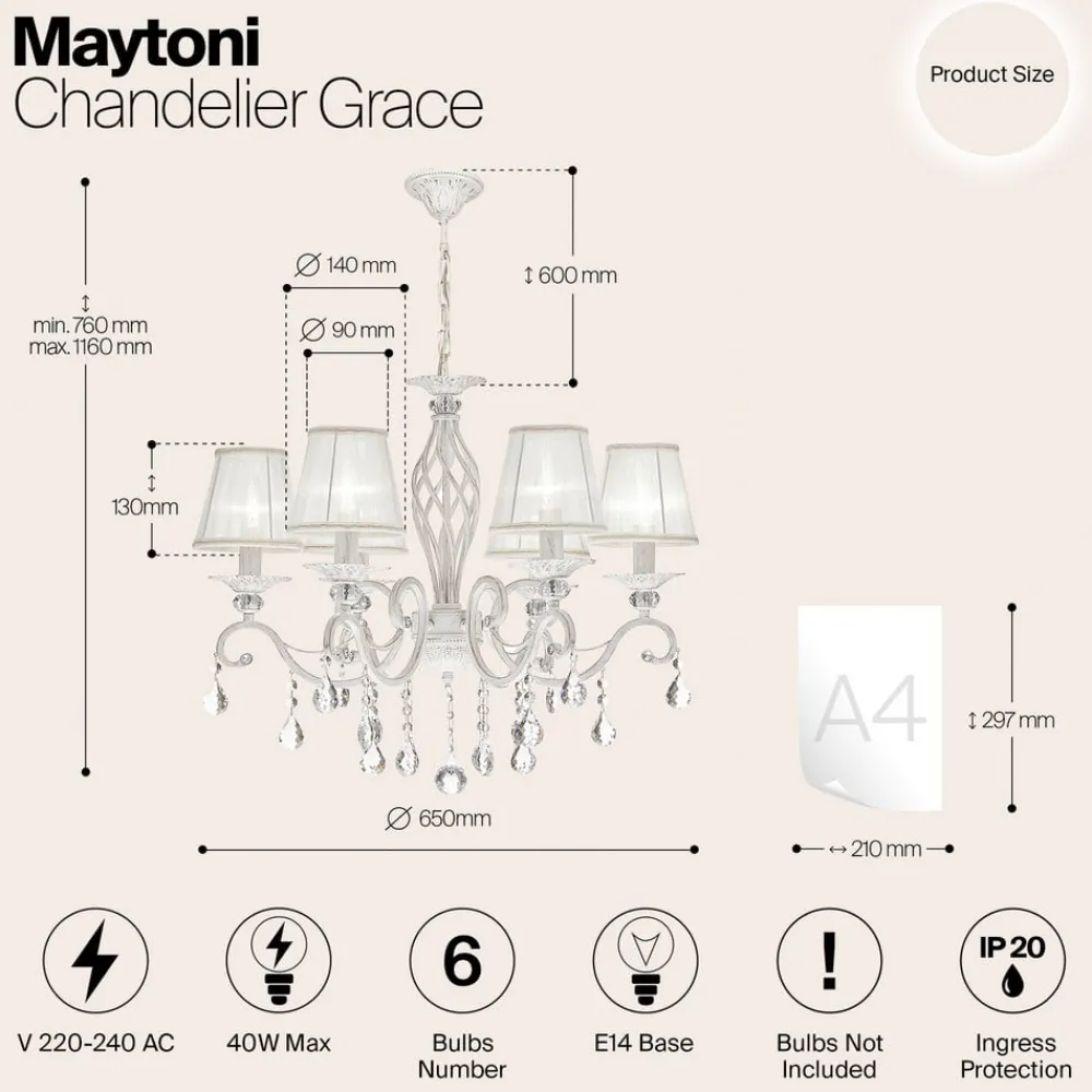 Maytoni Lysekroner > Grace lysekrone, hvid, 6 lyskilder, organza, E14