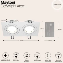 Loftlamper|Spotlights ^ Maytoni indbygningslampe Atom, hvid, 2 lyskilder, 17,5 x 9,2 cm