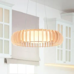 Pendellamper ^ Reality Leuchten Monte LED hængelampe, Ø 60 cm, lyst træ, træ, CCT
