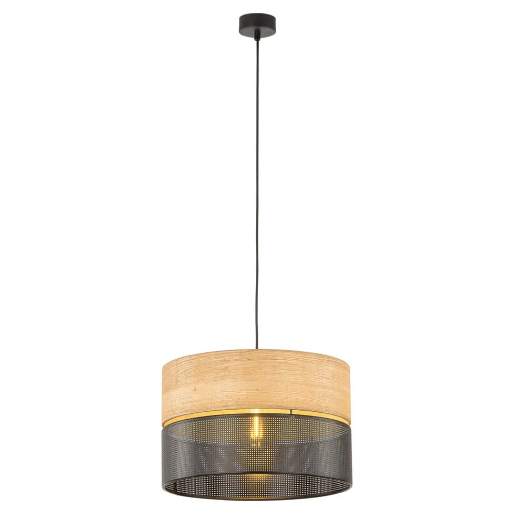 Pendellamper ^ TK Lighting Nicol hængelampe, sort/træ-effekt, Ø 38 cm, 1-lys, 1 x E27