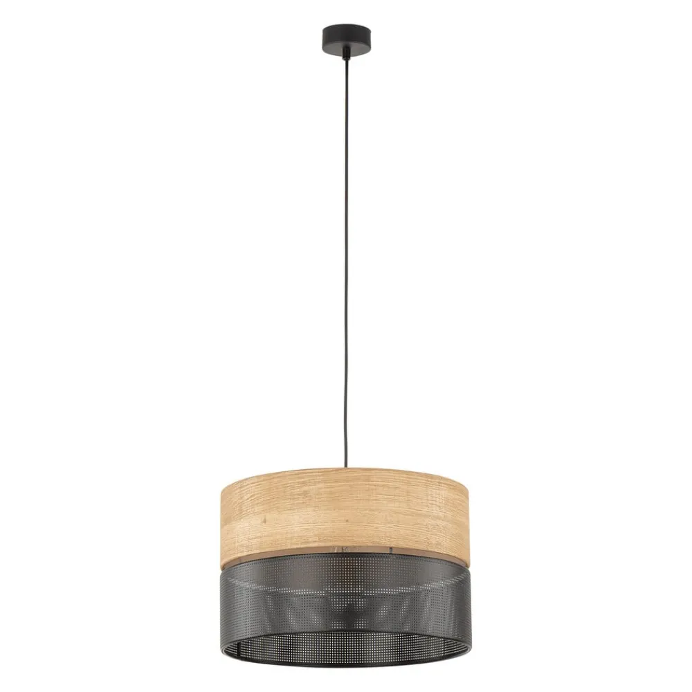 Pendellamper ^ TK Lighting Nicol hængelampe, sort/træ-effekt, Ø 38 cm, 1-lys, 1 x E27