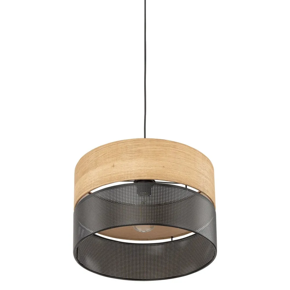 Pendellamper ^ TK Lighting Nicol hængelampe, sort/træ-effekt, Ø 38 cm, 1-lys, 1 x E27