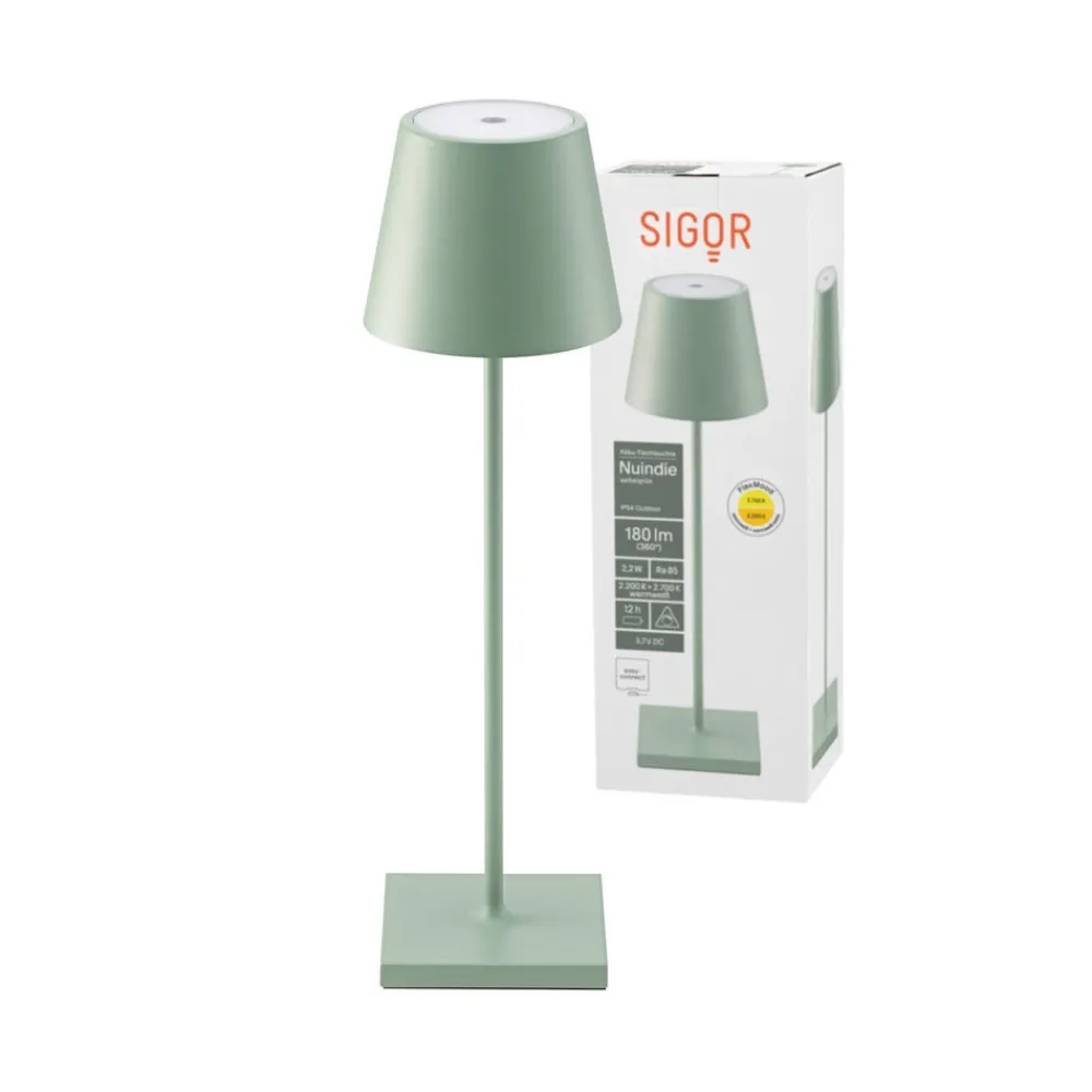 Dekorationsbelysning|Terrassebelysning ^ Sigor Nuindie LED genopladelig bordlampe, USB-C, salviegrøn, IP54, dæmpbar
