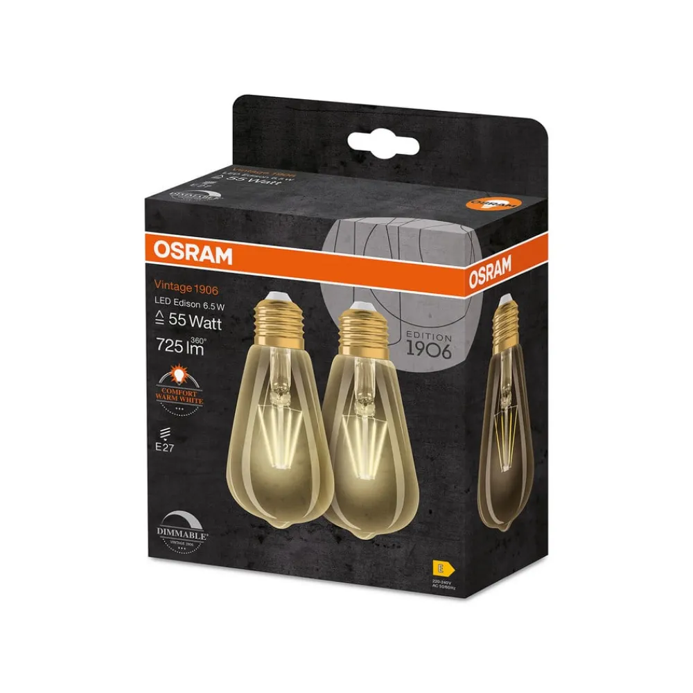 Dæmpbar Led-Pære|Filament Pære ^ OSRAM 1906 E27 6,5W LED ST64 824 guld dæmpbar 2 stk