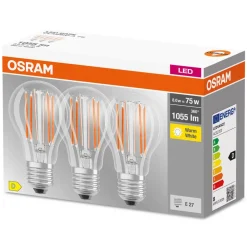 Filament Pære ^ OSRAM LED-filamentpære E27 Base 7,5 W 2.700 K 3 st